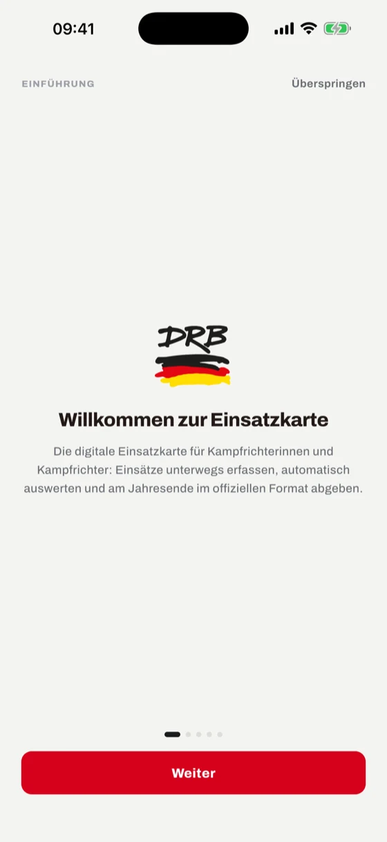 Einführungsbildschirm der App mit den Punkten Kategorie und Stilart, automatische Auswertung und Übertrag aus Vorjahren