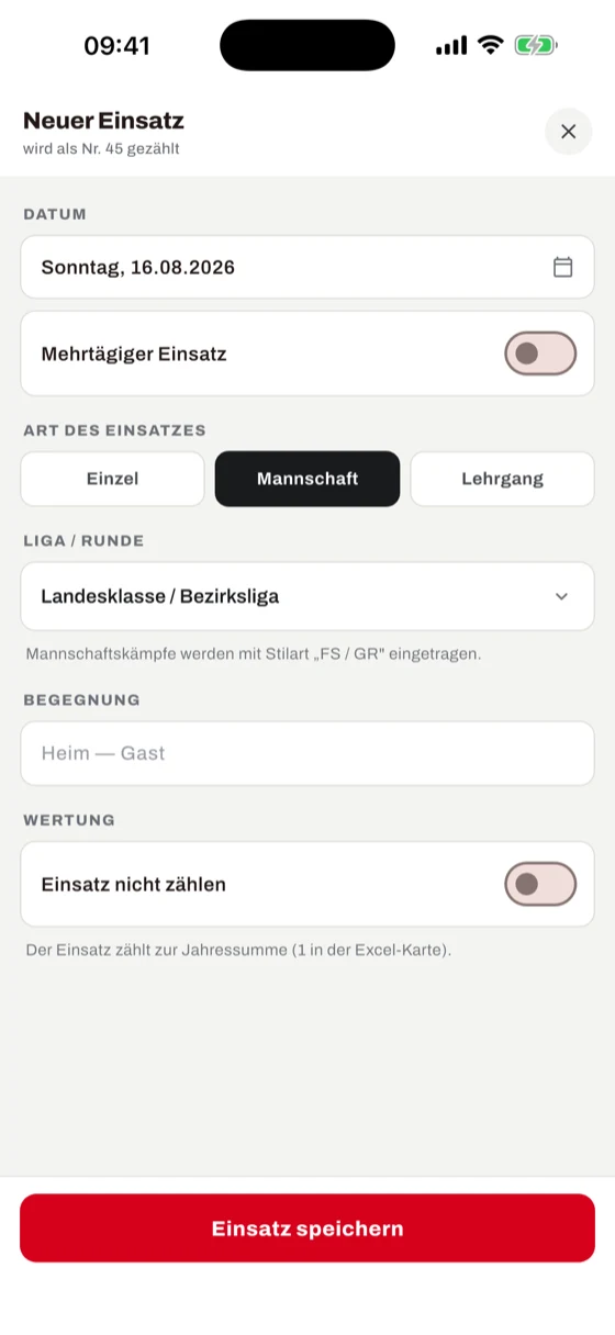 Formular für einen neuen Einsatz mit Datum, Art des Einsatzes, Liga und Wertung