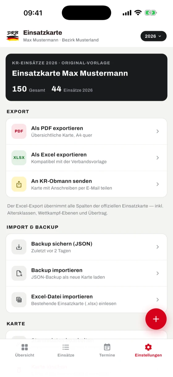 Einstellungen mit den Export-Möglichkeiten PDF, Excel und E-Mail sowie Import und Backup