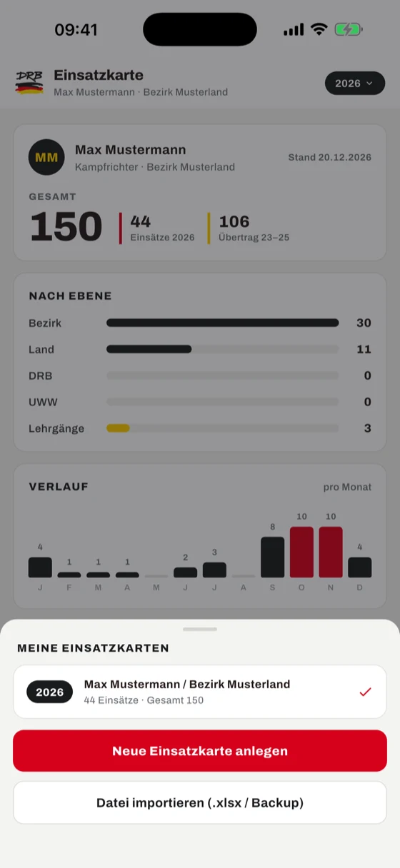 Liste Meine Einsatzkarten mit der aktiven Karte, Knopf für eine neue Karte und Datei-Import