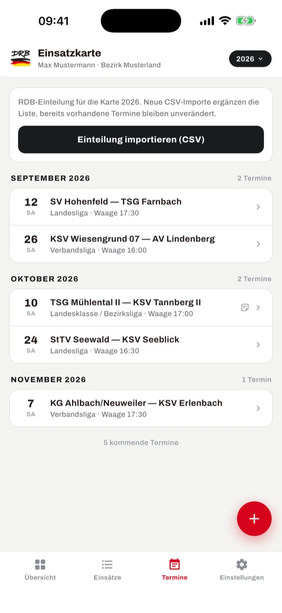 Termine-Tab mit importierter Saison-Einteilung, nach Monaten gruppiert