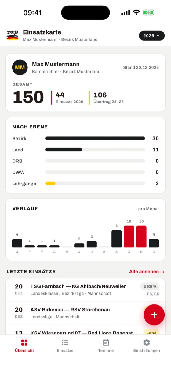 Übersicht der App mit Gesamtzahl der Einsätze, Auswertung nach Ebene und Saisonverlauf