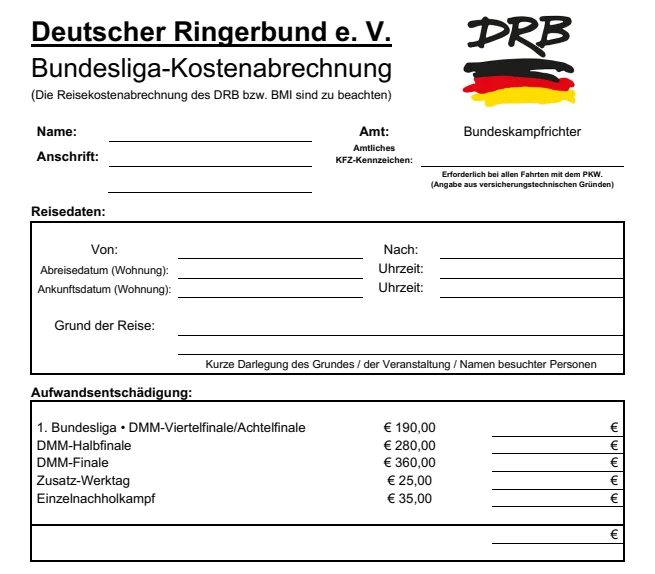 Ausgefüllte Bundesliga-Kostenabrechnung des Deutschen Ringerbunds