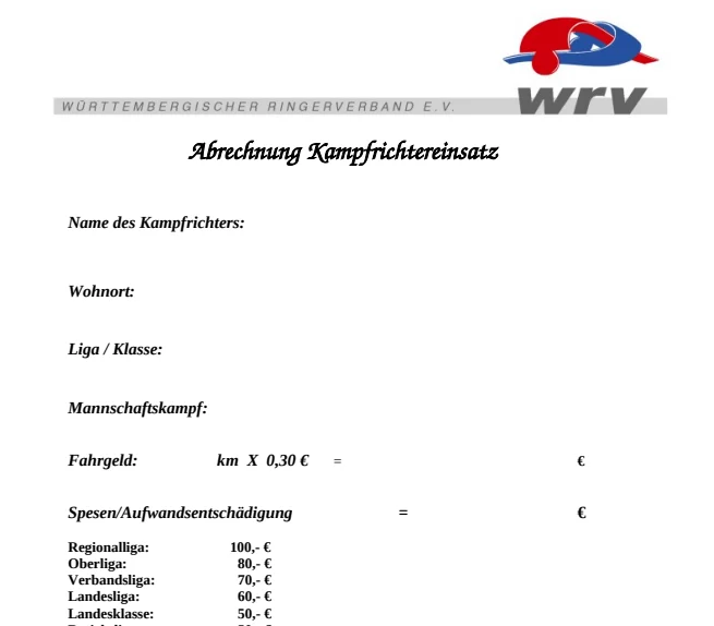 Ausgefülltes Abrechnungsformular des Württembergischen Ringerverbands